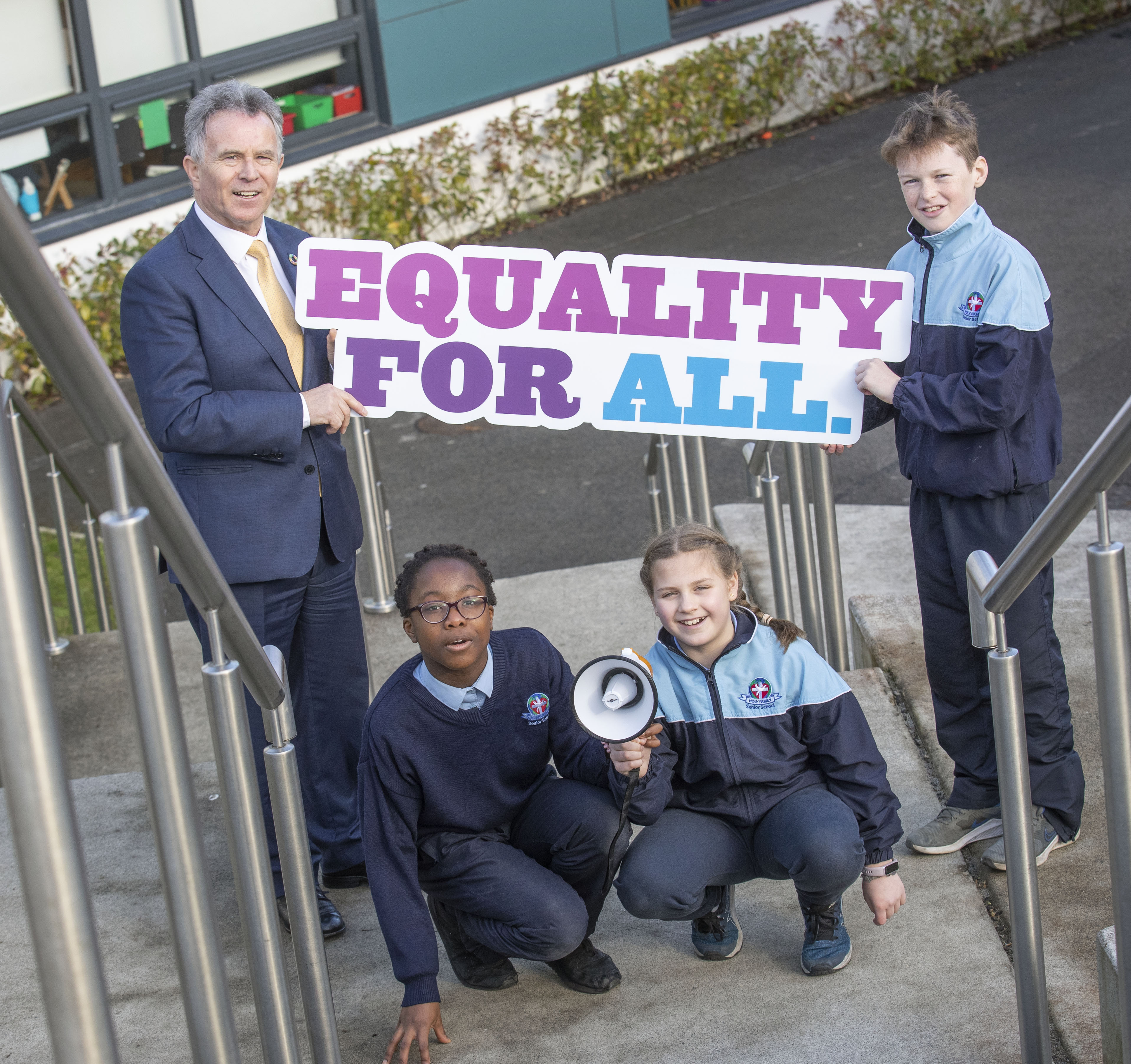 Minister Fleming at primary school in Portlaoise with pupils Equality for All photo