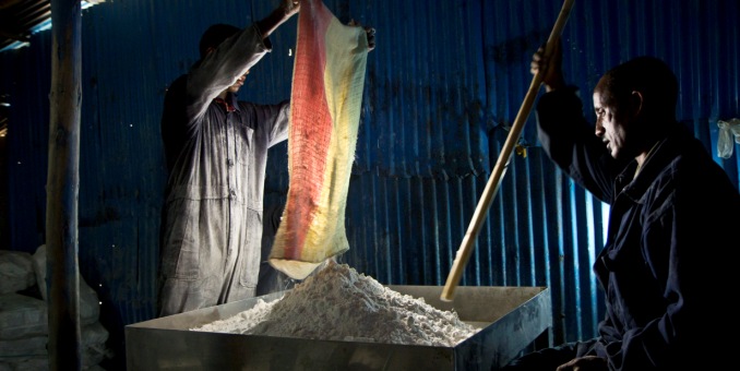 Workers at Shewit Salt Producers Cooperative add iodine to Salt – Mekelle, Tigray, Ethiopia. Photo: Israel Seone