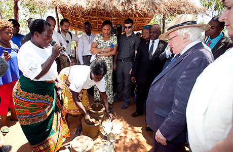 President Michael D Higgins and his wife Sabina viewing a Cook Stove Production and Utilisation Exhibition while on a visit to Saopampeni Village in the Salima District, Malawi. Photo Chris Bellew / Fennell Photography 2014