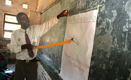 In Malawi, a teacher explains to school children about mosquitoes and malaria (Photo © WHO/S.Hollyman)
